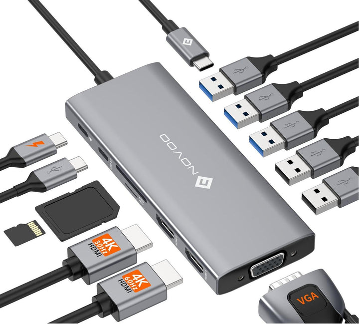 NOVOO USB C Docking Station Triple Display 13 in 1 Dual 4K@60Hz HDMI Hub VGA Adapter, 5 USB-A Datenp