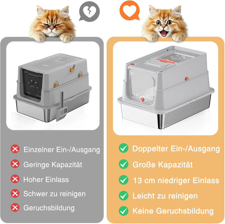 Katzentoilette aus Edelstahl, XXL geschlossene Katzentoilette mit Deckel, leicht zu reinigen, hochse