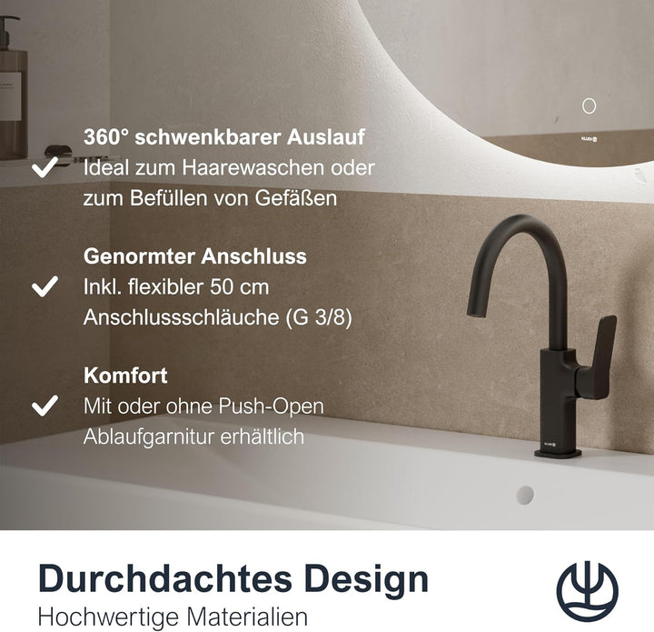 KLUDI-X3 Waschtischarmatur, 360° schwenkbar, Auslaufhöhe 180 mm, wassersparender Wasserhahn Bad Schw