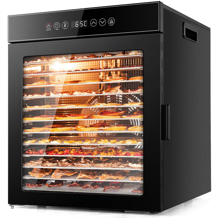 Kwasyo Dörrautomat Edelstahl, Dörrgerät 12 Etagen Ganz in Schwarz, 30-90℃ Temperaturregelung, 24 Stu