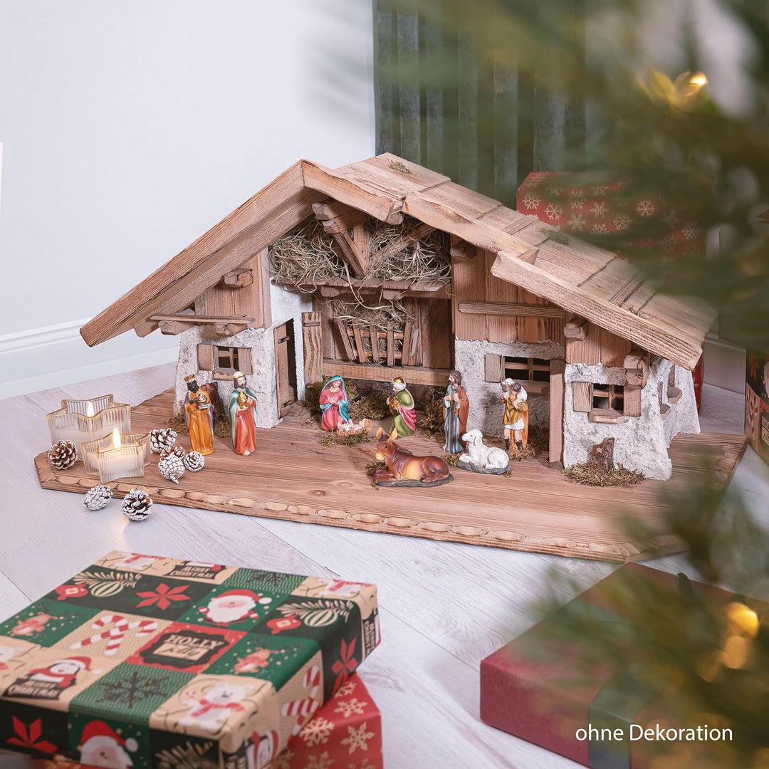 Bonetti Grosse Weihnachtskrippe | aus Holz und Gips gefertigt | mit Moos, Steinen und Stroh geschmüc
