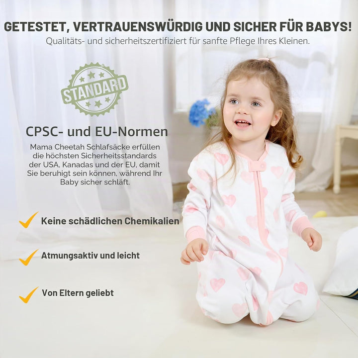 Mama Cheetah Toddler Schlafsack mit Füssen, Long Sleeve 0,5 TOG Bio-Baumwolle Baby Schlafsack mit Be