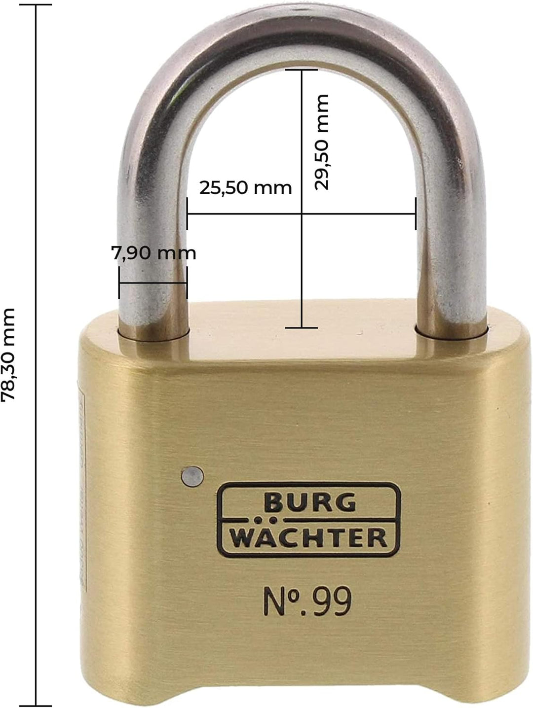 Burg Wächter Vorhängeschloss, Rostfrei, mit Zahlenschloss, 7,9 mm Bügelstärke, Massiver Messingkörpe