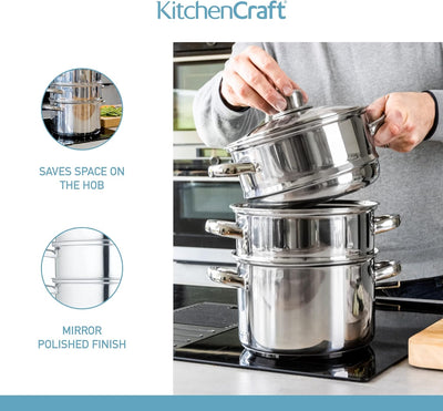 KitchenCraft Multifunktioneller Kochtopf Set, Dampfgarer/Suppentopf mit 3 Töpfen und Deckel, Indukti