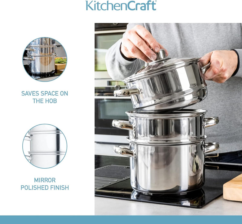 KitchenCraft Multifunktioneller Kochtopf Set, Dampfgarer/Suppentopf mit 3 Töpfen und Deckel, Indukti