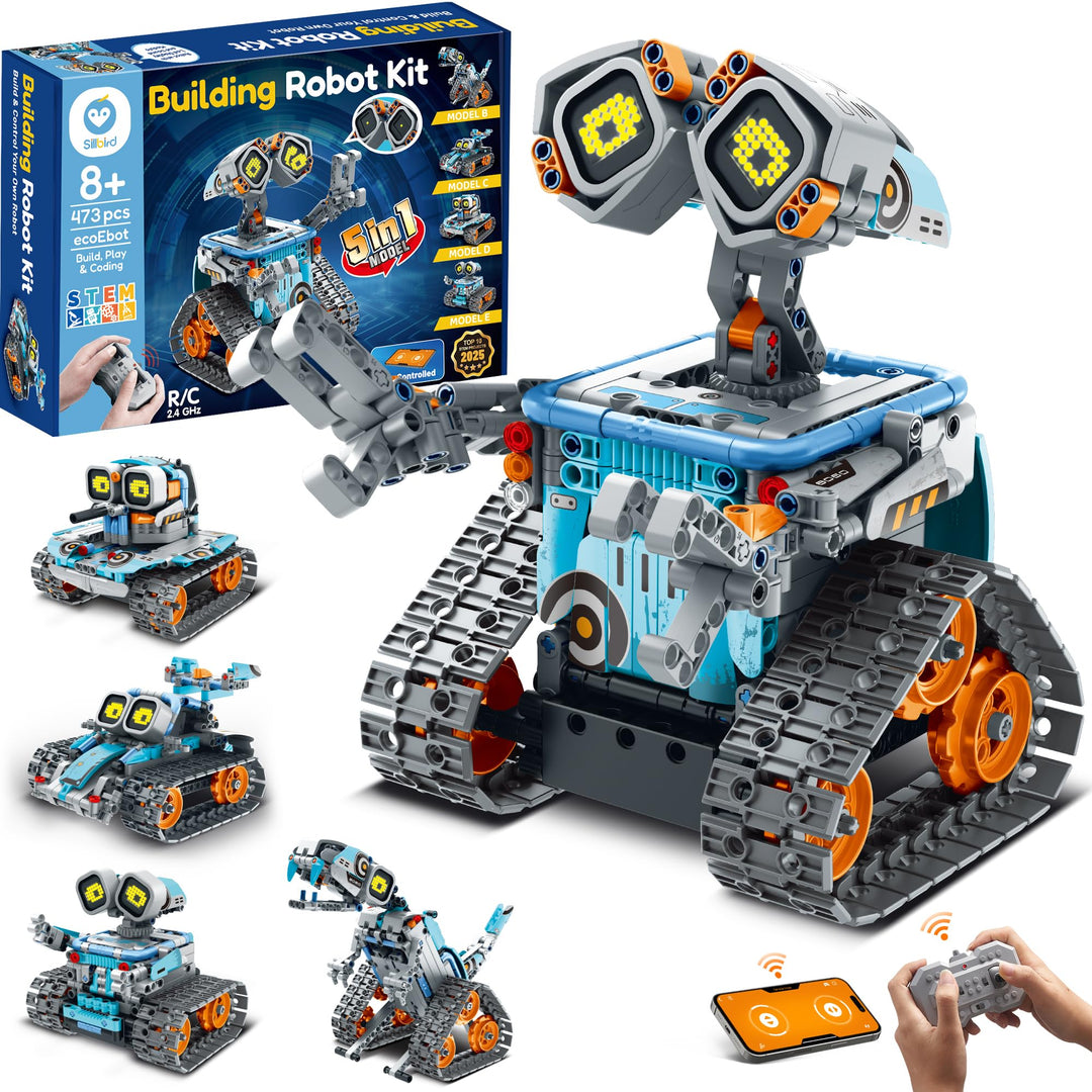 Sillbird 5-in-1-Technik Roboter Kinder für Jungen, Programmierbares Bauspielzeug mit App-Fernsteueru