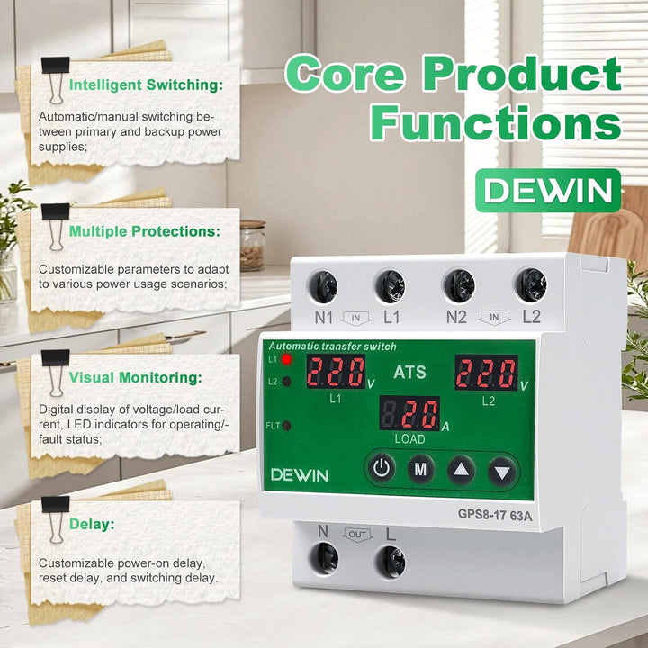 DEWIN Automatischer Transferschalter, Dual Power Automatic Transfer Switch ATS Hutschiene mit Über-/