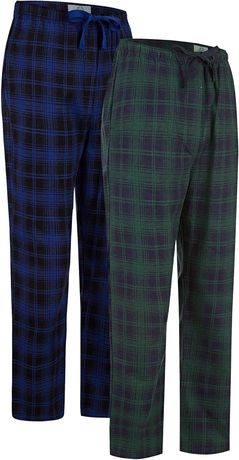GLOBAL Herren Schlafanzughose 100% Baumwolle Flanell S Blau Kariert & Grün Kariert 2, S Blau Kariert