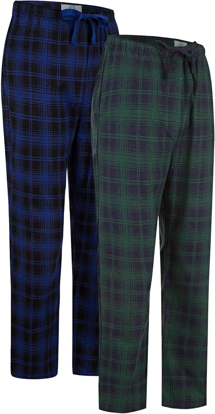 GLOBAL Herren Schlafanzughose 100% Baumwolle Flanell S Blau Kariert & Grün Kariert 2, S Blau Kariert