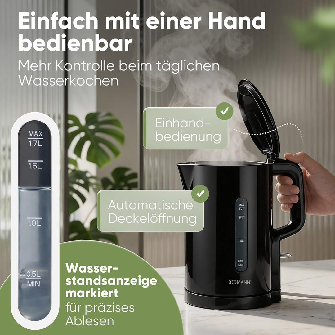 Bomann Wasserkocher 1,7L | 2200W für schnelles Erhitzen | BPA frei | Einhandbedienung | Wasserstands