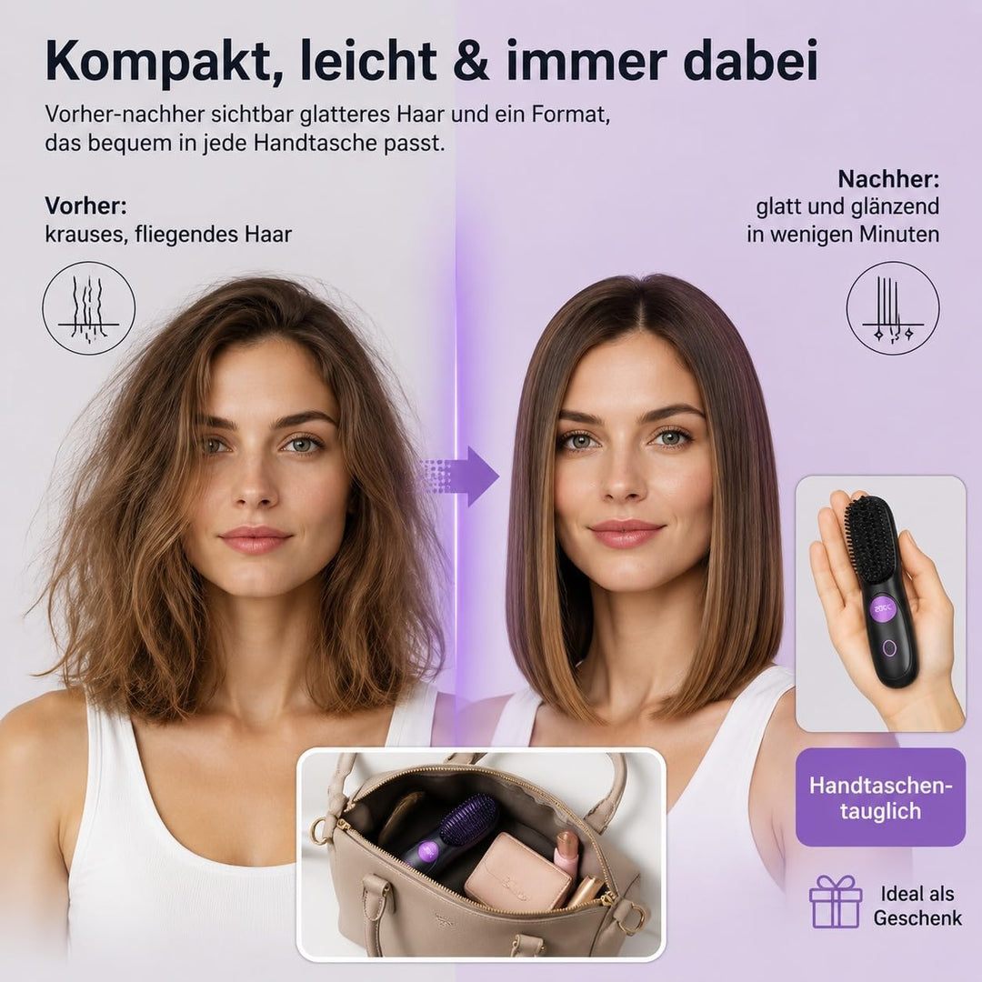 Stylingbürste für Kurze Haare,Glättbürste Kabellos mit LED Anzeige,Glättungskamm verhindert Haarzieh