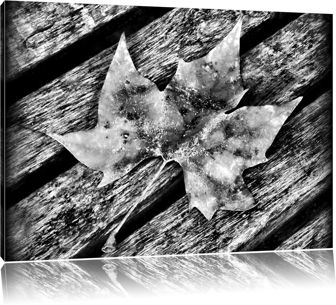 Pixxprint kleines Herbstblatt auf Holz als Leinwandbild/Grösse: 100x70 / Wandbild/Kunstdruck/fertig