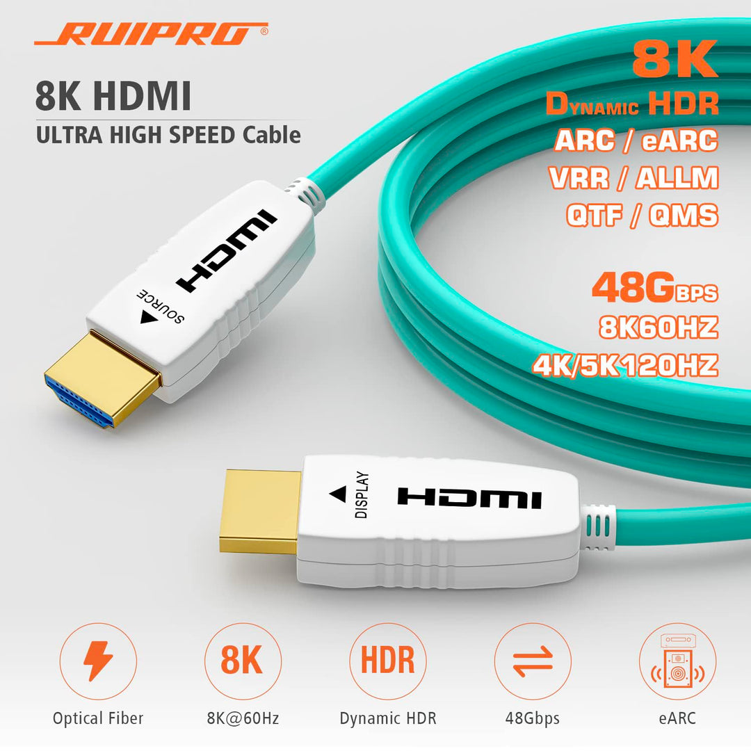 RUIPRO 8K HDMI Glasfaserkabel 15M, Optisches HDMI 2.1 48Gbps 8K@60Hz 4K@120Hz Dynamic HDR eARC Dolby