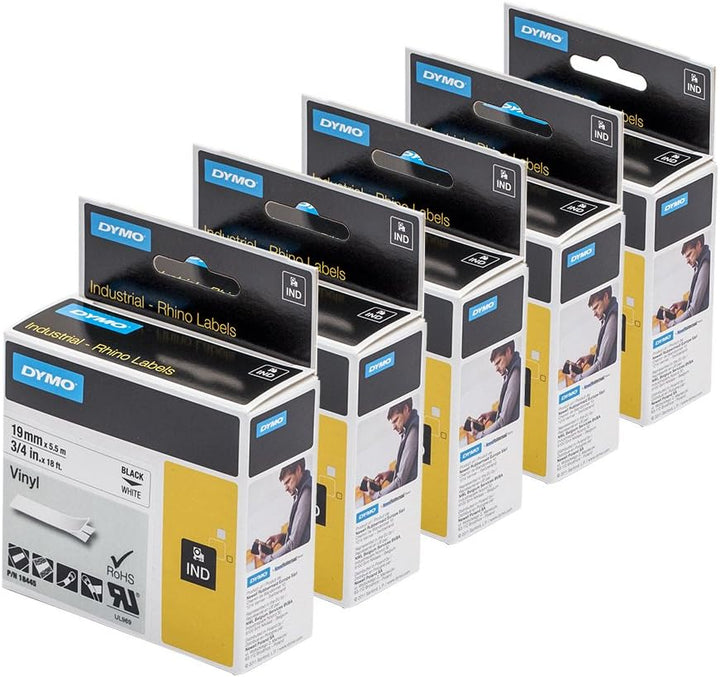 5x Dymo 18445 Rhino Vinyl Industrie Etiketten, wei selbstklebend 19mm X 5,5m Rolle, schwarz Druck au