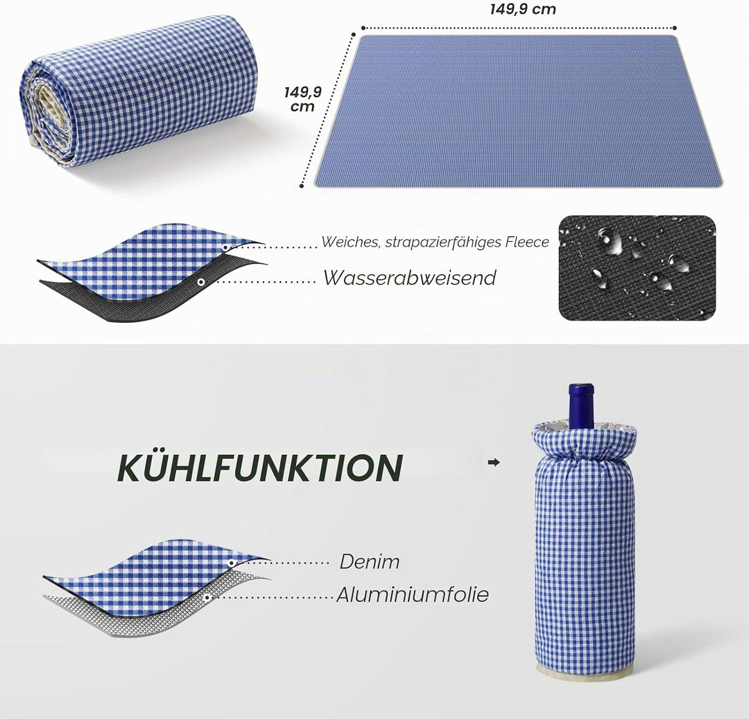 Wicker Picknickkorb Set für 2-4 Person mit Kühlfach und wasserdichte Picknickdecke, Abnehmbarer Riem
