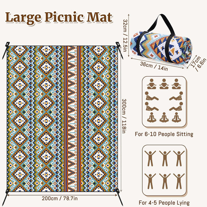 Gucass Boho Picknickdecke 200x300cm, Wasserdicht Stranddecke Sandfrei Strandmatte mit Tragegurt & 4X