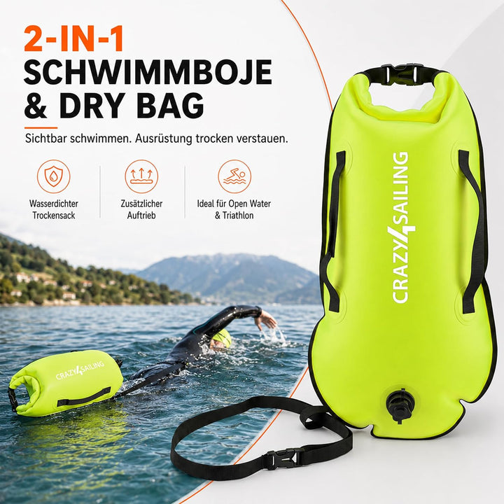 crazy4sailing Schwimmboje Dry Bag, wasserdichter Trockensack & aufblasbare Schwimmhilfe, 36 x 72 cm,