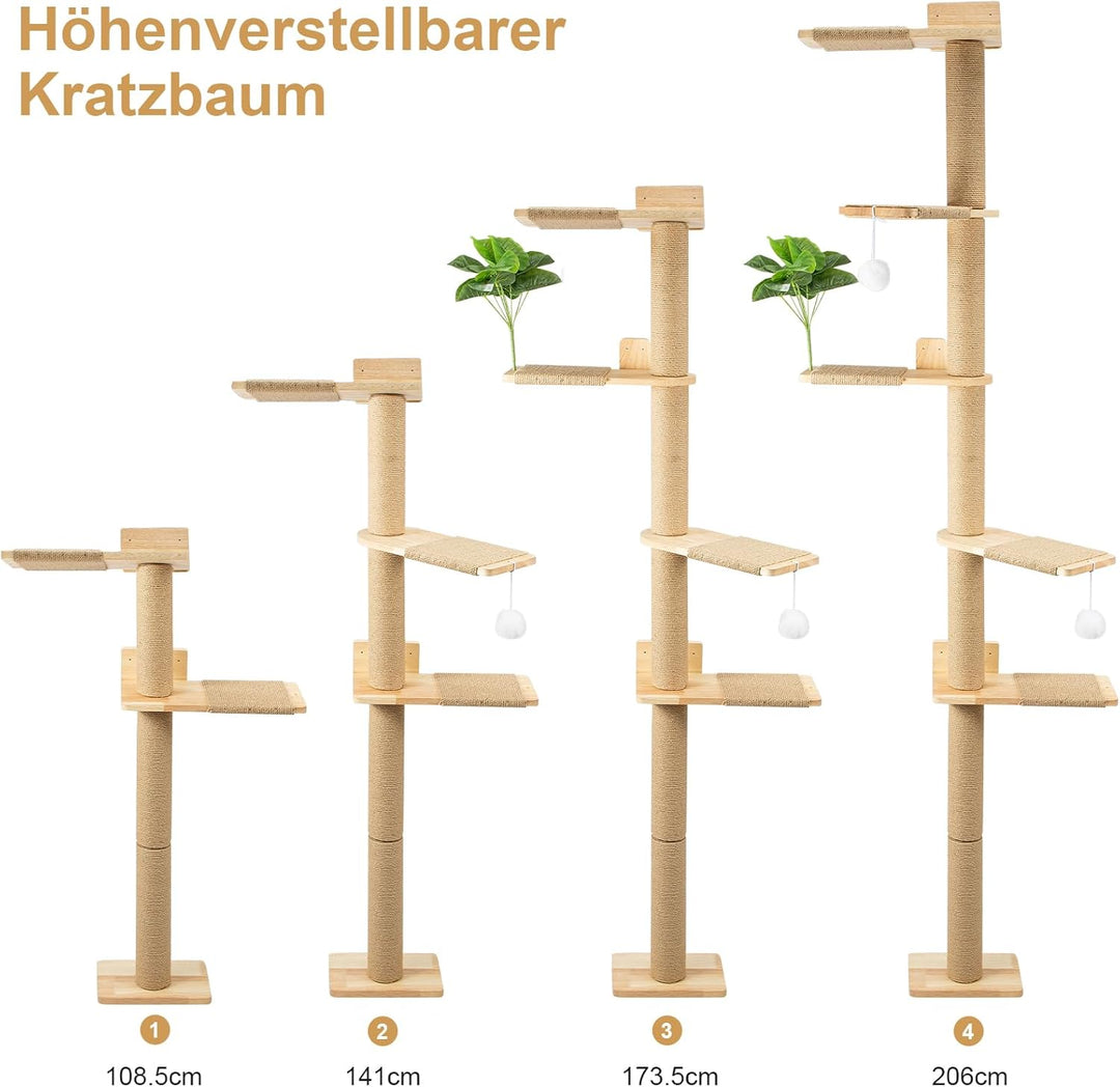 Youyijia Katzenkratzbaum 206cm aus Naturkautschukholz, 5 Etagen Wandmontierter Katzenbaum mit Verbre