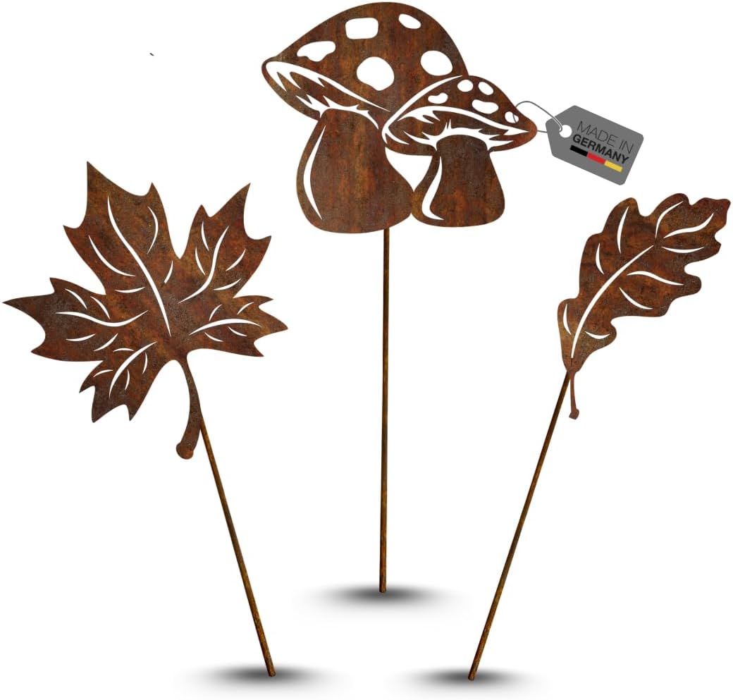 Terma Stahldesign Rostfigur Gartenstecker Set Herbst Zwei Blätter EIN Pilz mit Spiess 40-45cm tolle