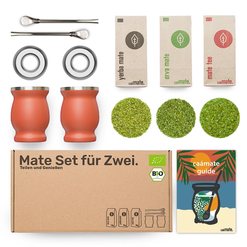Mate Tee Set Bio ● 3 Matesorten + 2 doppelwandige Edelstahl Matebecher + 2 Bombillas + Zubereitungsa