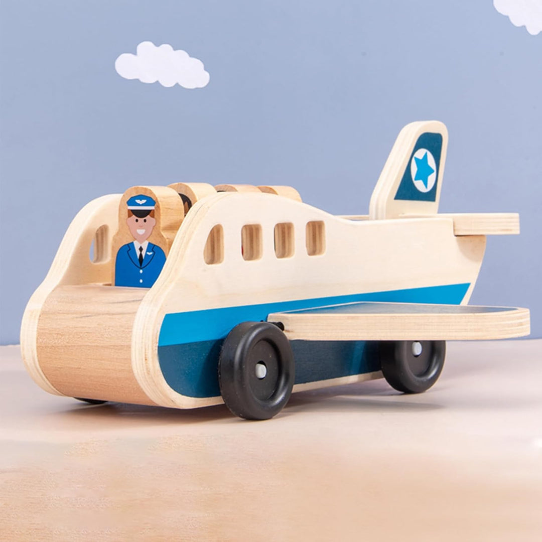Passagierflugzeug-Set aus Holz, Spielzeugflugzeug mit 4 Spielfiguren und 4 Koffern für Kleinkinder,