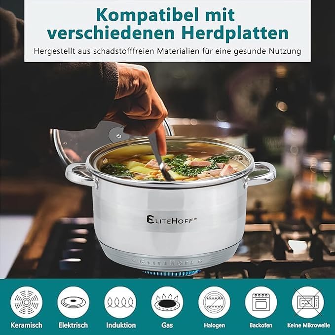 EliteHoff Kochtopf, 7-Lagen Edelstahl Topf Induktion Kochtöpfe Nudeltopf Suppentopf mit Glasdeckel f