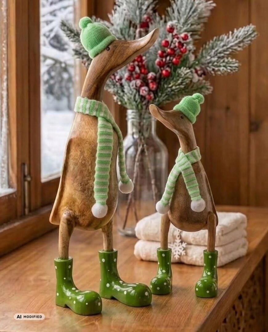 Kinaree Deko Ente Holz mit Schal - handbemalte Bambus Laufente, Dekofigur Holzfigur für Wohnzimmer,