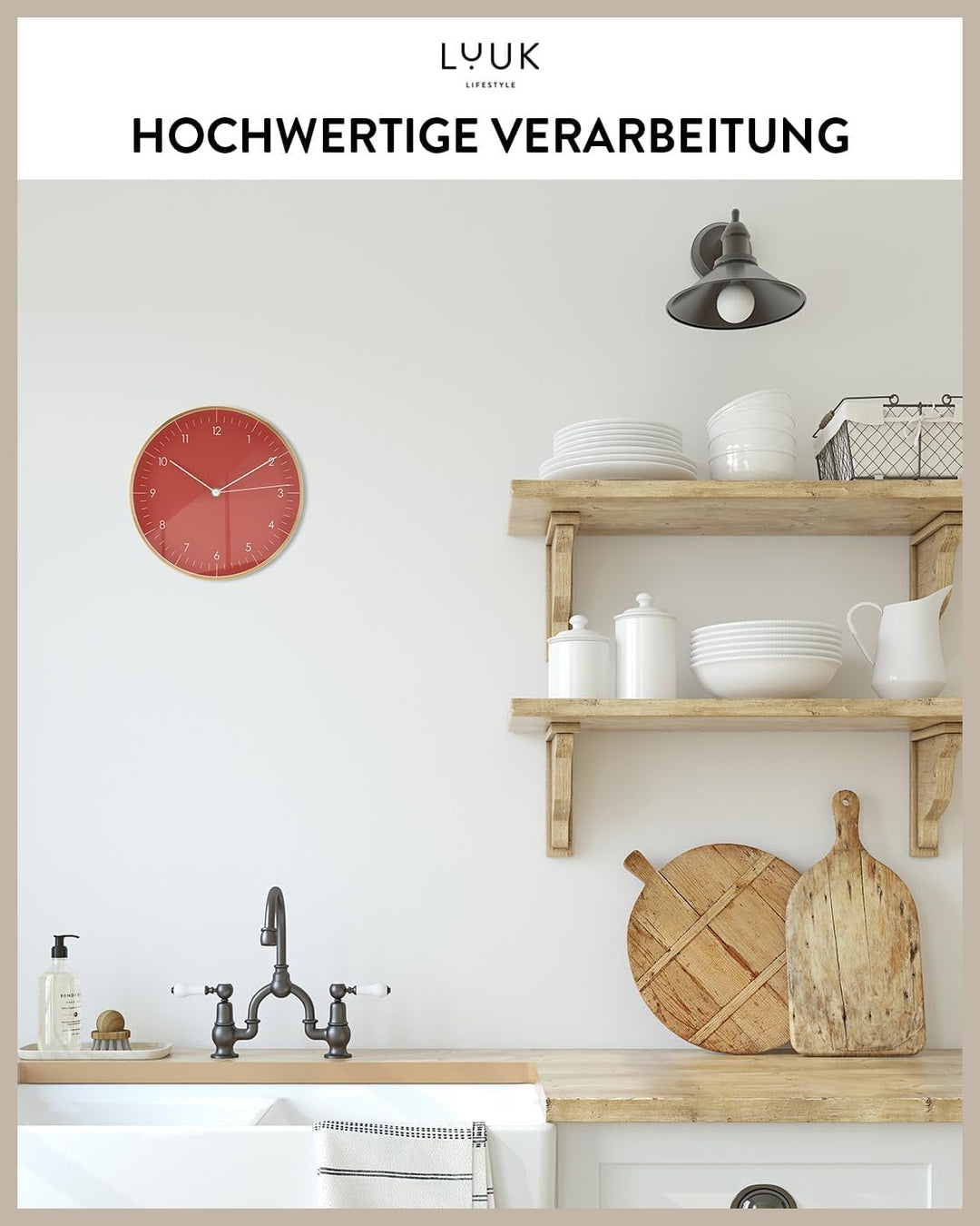 LUUK LIFESTYLE Moderne Quarz Wanduhr, Geräuschlos, 24,8cm, Rot &amp; Gold | mit Sekundenzeiger, schlicht