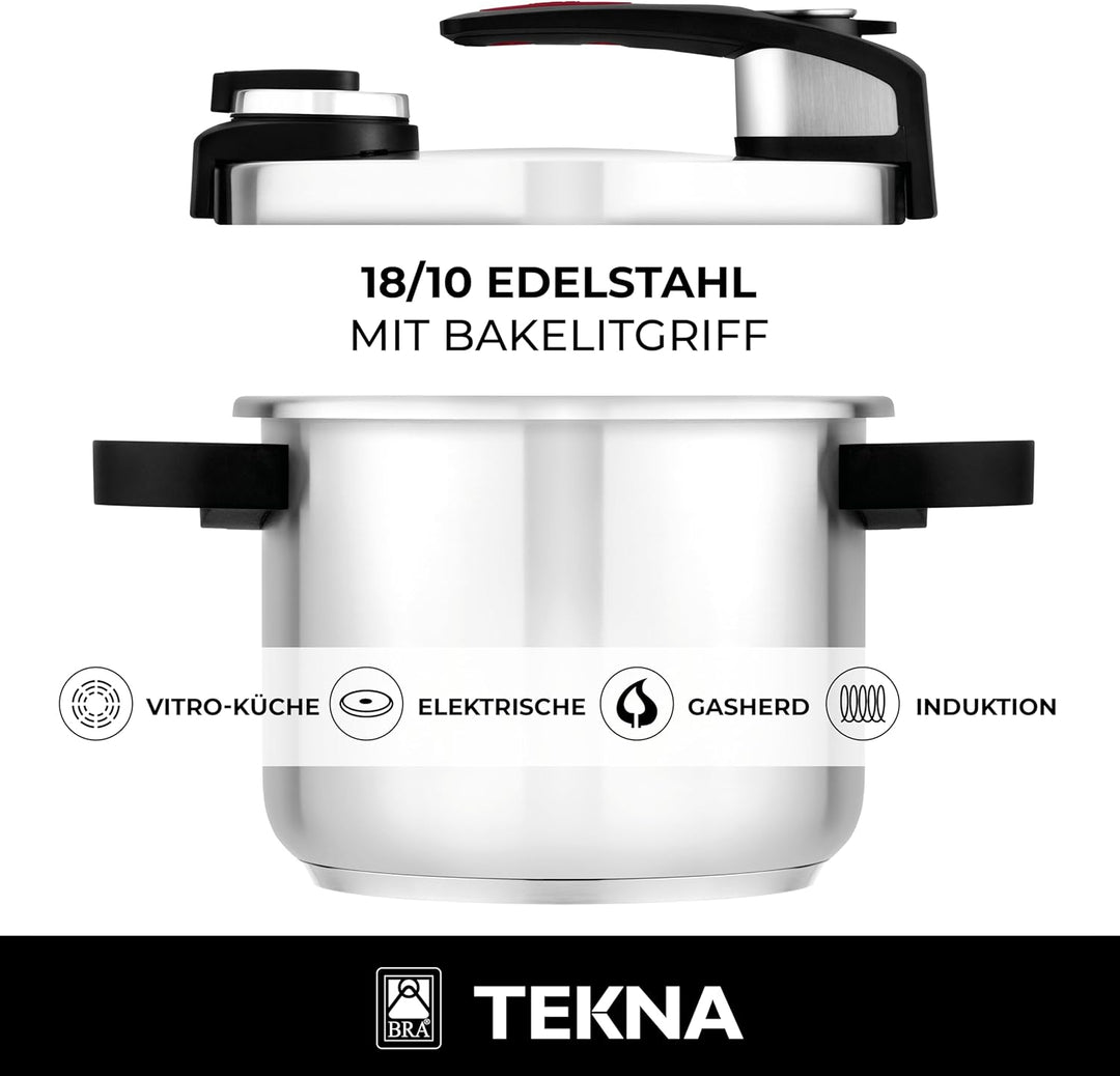 BRA Tekna - Schnellpresstopf 6 Liter, Edelstahl, geeignet für alle Küchentypen, inklusive Induktion,