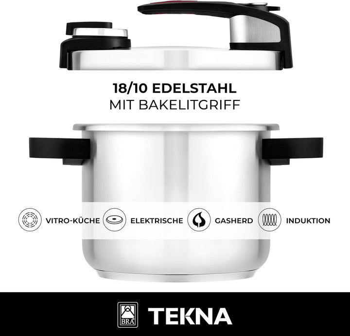 BRA Tekna - Schnellpresstopf 6 Liter, Edelstahl, geeignet für alle Küchentypen, inklusive Induktion,