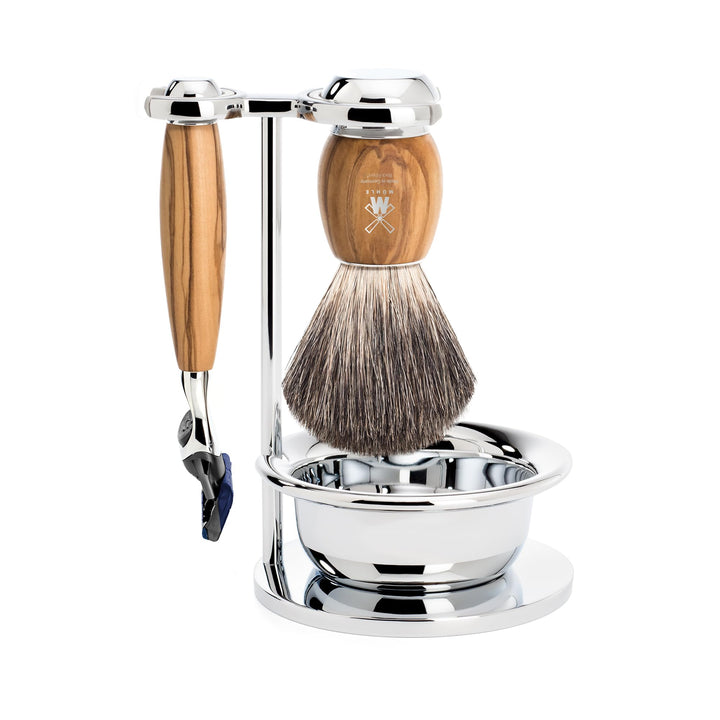 MÜHLE Vivo Rasierset kompatibel mit Gillette-Klingen, Dachshaar-Rasierpinsel, Halterung mit Schale -