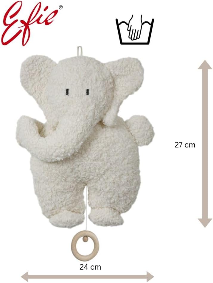 Efie Spieluhr Elefant aus Bio-Baumwolle (KBA), GOTS-Zertifiziert, waschbar, handgefertigt, Made in G