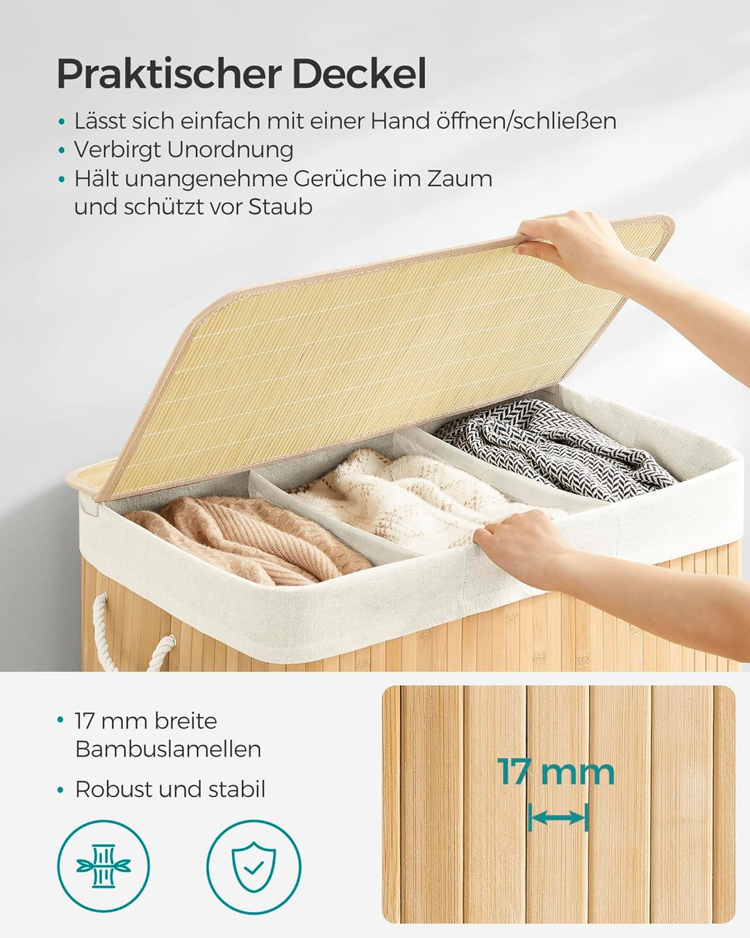 SONGMICS Wäschekorb 3 Fächer, 150 L Wäschesammler mit Deckel, Wäschebox Bambus, mit Griffen, faltbar