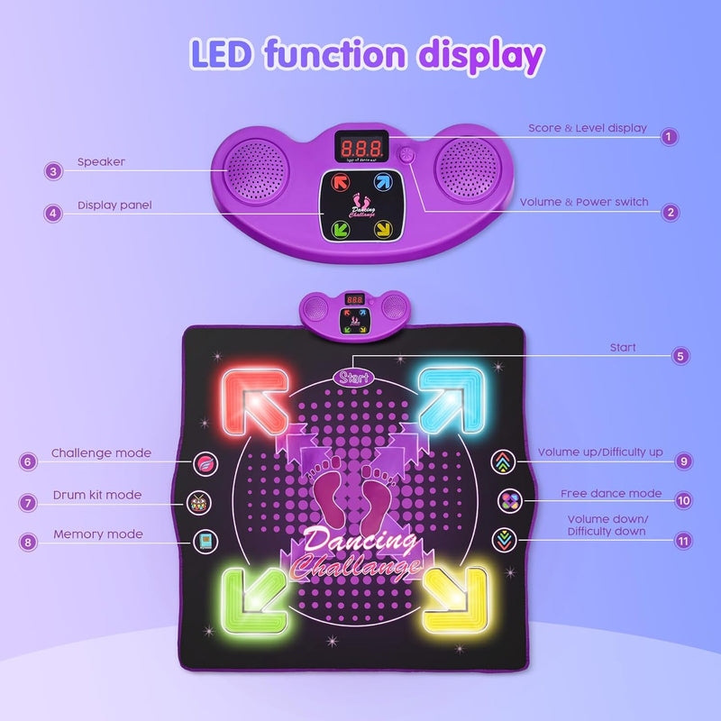 Aomdom Tanzmatte für Kinder von 3 bis 8 Jahren, 4 Modi, 8 Stufen, mit Bluetooth, 4 Pfeile, LED, Musi