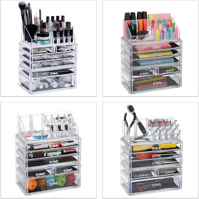 Relaxdays, transparent Kosmetikorganizer mit 6 Schubladen, 22 Fächer Make Up Organizer, Schmink-Aufb