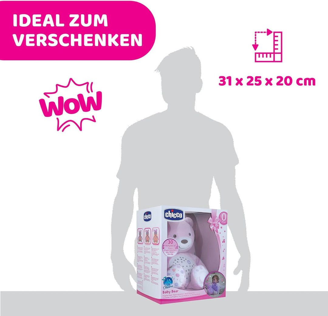 Chicco First Dreams Baby Bär Plüsch-Teddybär, weicher Projektor mit Nachtlicht, Lichteffekten und en