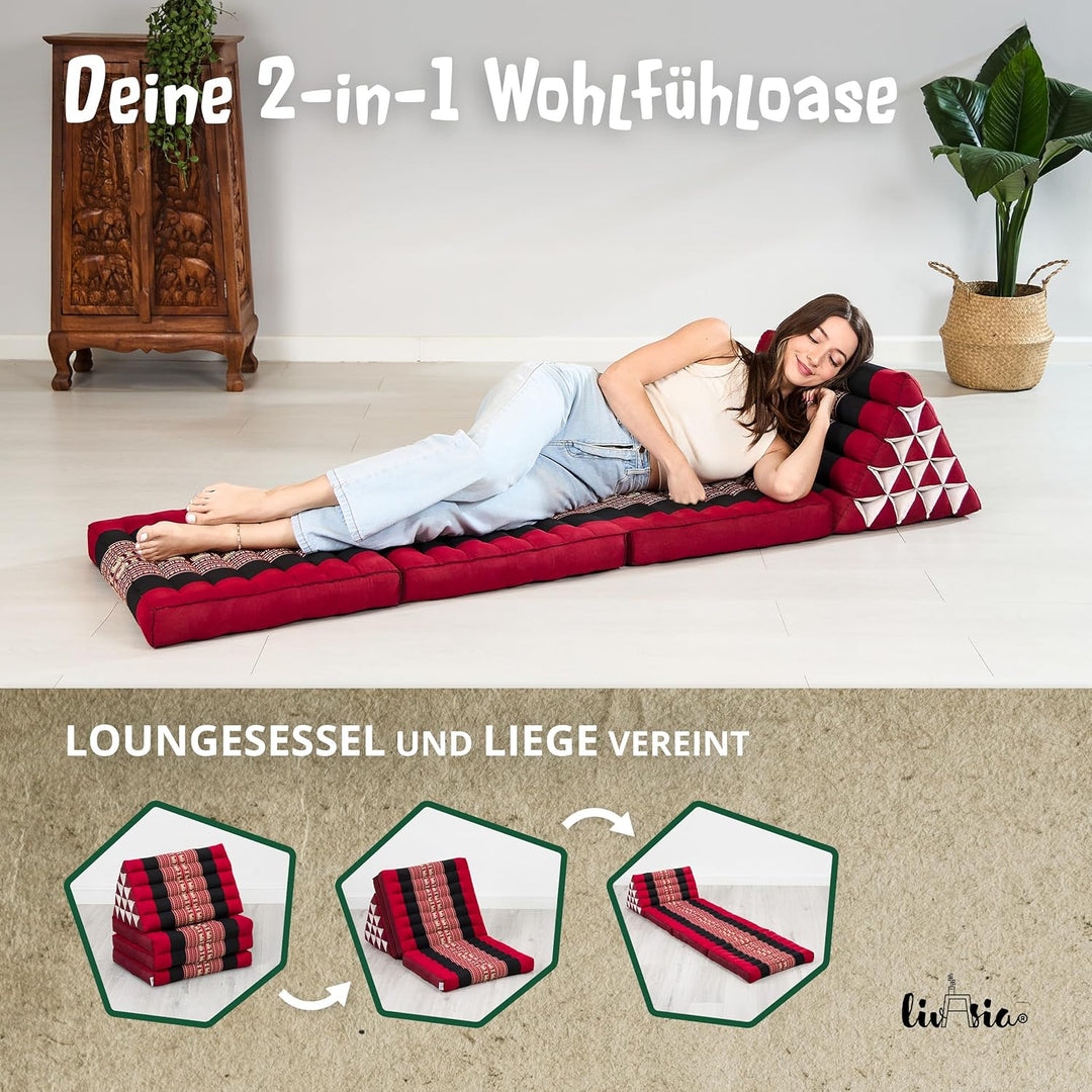 livasia Thaikissen 3 Auflagen extrahoch - 185x55x8cm - Dreieckskissen mit Klappmatratze, Kapok, Jumb