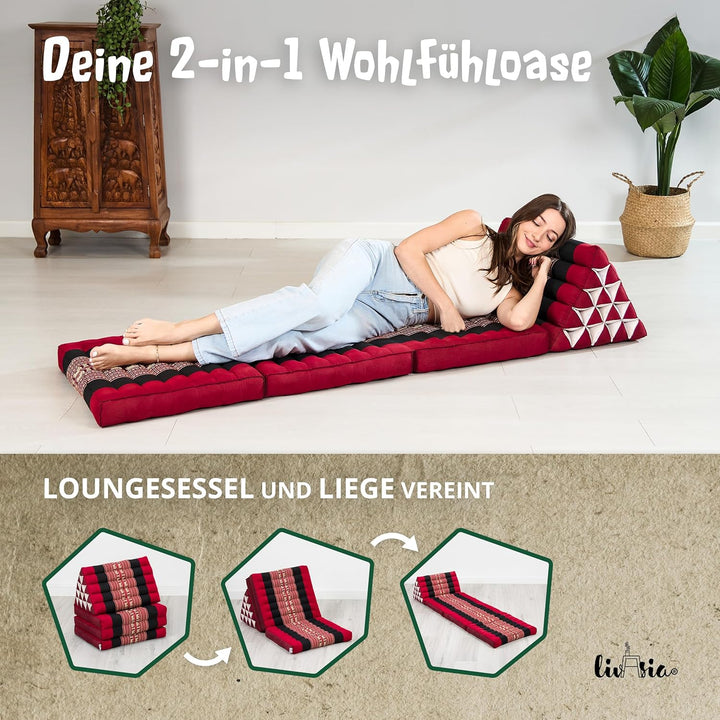 livasia Thaikissen 3 Auflagen extrahoch - 185x55x8cm - Dreieckskissen mit Klappmatratze, Kapok, Jumb
