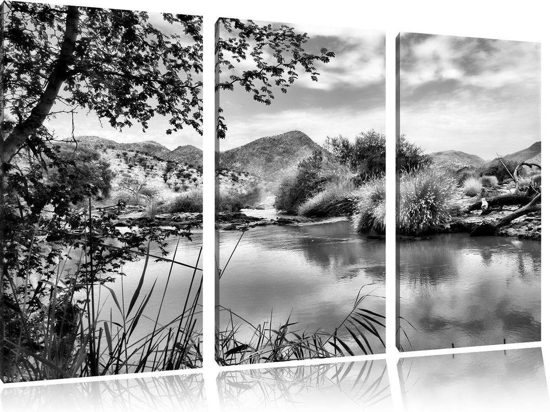 Pixxprint Monocrome, schöne Oase in der Savanne 3-Teiler Leinwandbild 120x80 Bild auf Leinwand