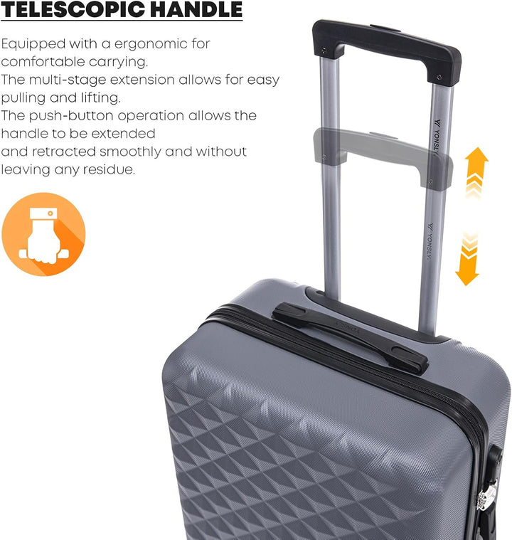 Koffer Suitcase L Grau, Trolley Reisekoffer, Rollkoffer Handgepäck mit 4 Rollen 360°, Hartschalenrei