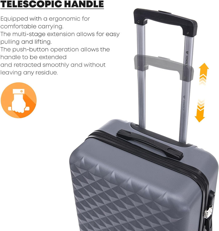 Koffer Suitcase L Grau, Trolley Reisekoffer, Rollkoffer Handgepäck mit 4 Rollen 360°, Hartschalenrei