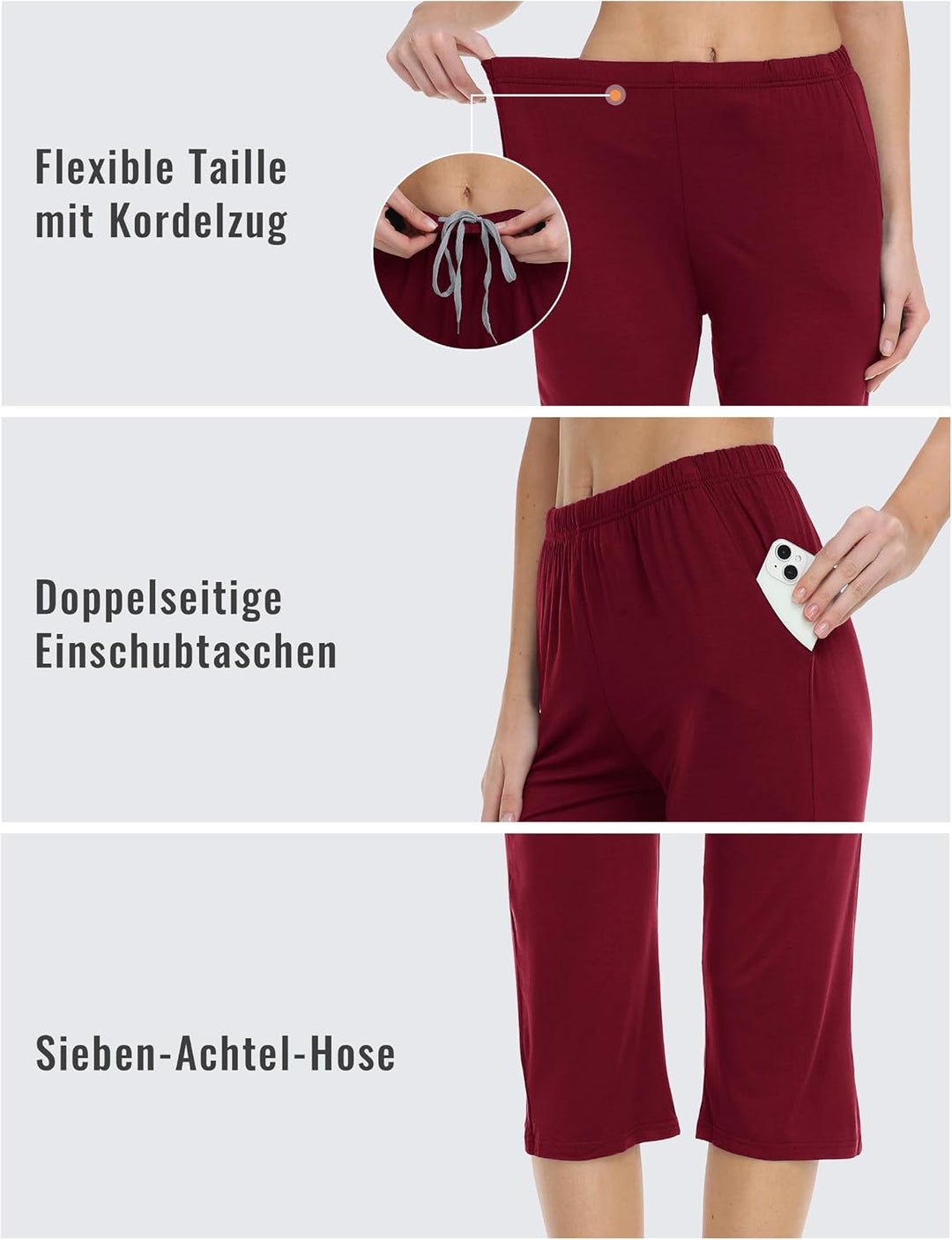 MoFiz Damen Schlafanzughose 3/4 Lang Schlafhose Modal Nachtwäsche Weich Pyjamahose Freizeithose mit