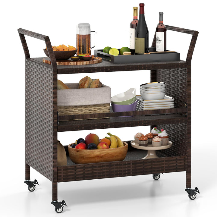 COSTWAY Servierwagen Rattan, Küchenwagen mit 3 Ablagen & Rollen & Seitengriffen, Grillwagen Grilltis