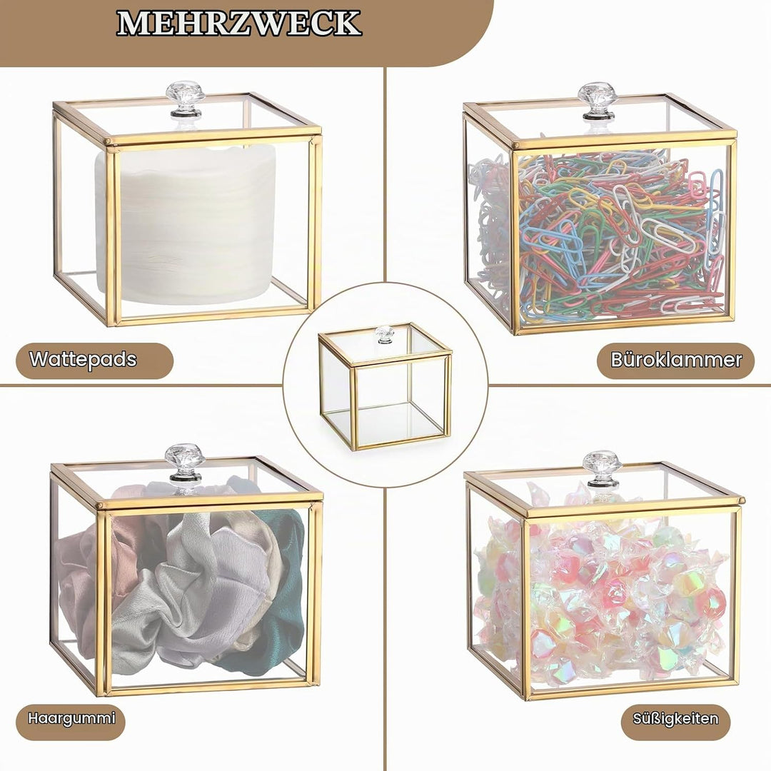 Glas Wattepad Spender Schmuckschatulle mit Glasdeckel Gold Wattestäbchenbehälter Wattepads Behälter