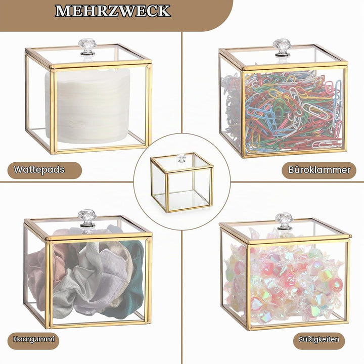 Glas Wattepad Spender Schmuckschatulle mit Glasdeckel Gold Wattestäbchenbehälter Wattepads Behälter
