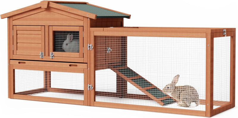 Wiltec XXL Hasenstall 1560 x 520 x 680 mm mit Freilaufgehege und erhöhtem Unterschlupf aus Fichtenho
