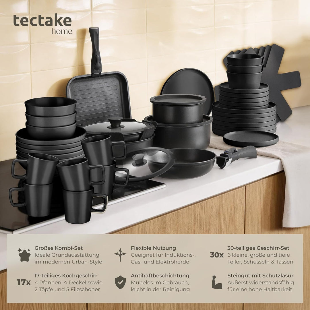 tectake® 47-tlg. Küchenstarterset, Steingut Geschirrset 6 Personen, Tassen, Teller Set, 2x Kochtopf,