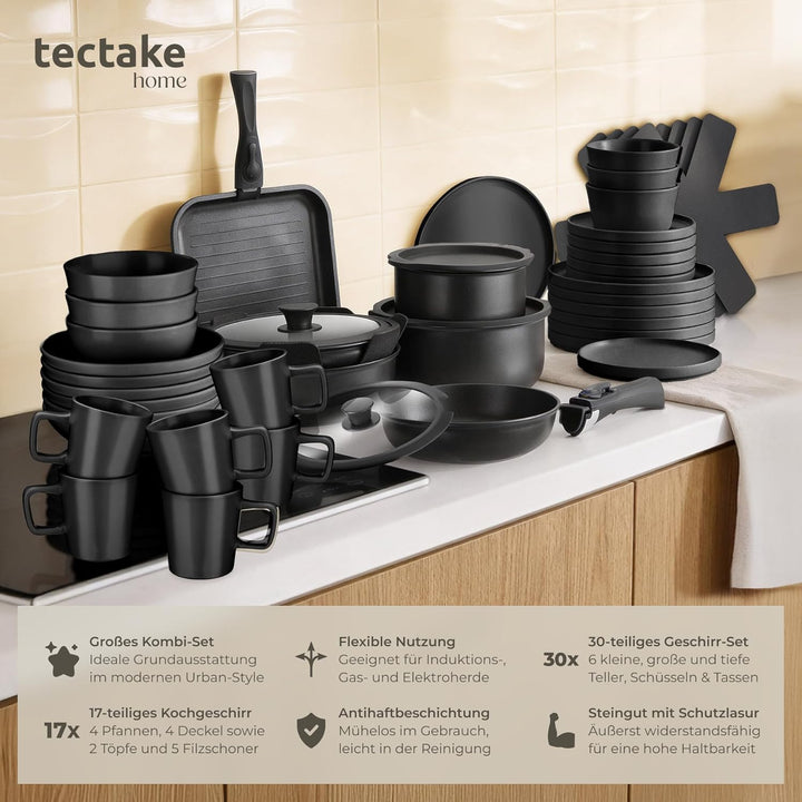 tectake® 47-tlg. Küchenstarterset, Steingut Geschirrset 6 Personen, Tassen, Teller Set, 2x Kochtopf,