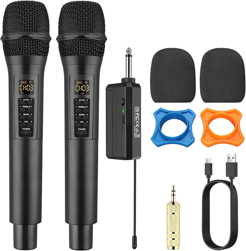 PROZOR Drahtloses Mikrofon UHF Handmikrofon Karaoke Mikrophone mit Wiederaufladbarem Empfänger Kabel