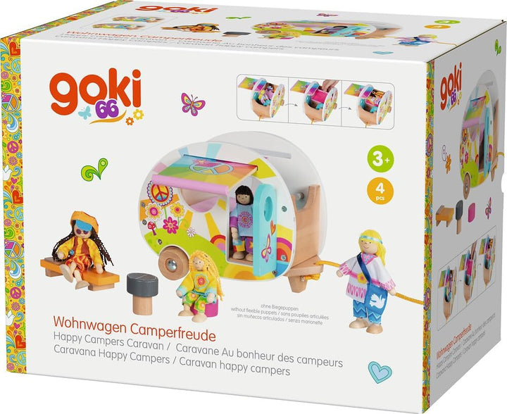goki 51431 - Wohnwagen Camperfreude – farbenfroher goki66 Wohnanhänger aus Holz für Minipuppen/Biege